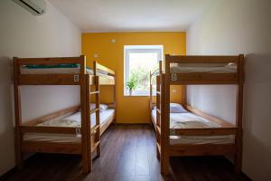波尔托罗Hostel Trobenta in Oblak的带窗户的客房内的两张双层床