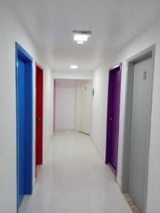 卡波布里奥Guest House Renascer K&W的走廊上设有四扇不同颜色的门
