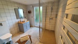 HoymilleLes Jardins的带淋浴、盥洗盆和镜子的浴室