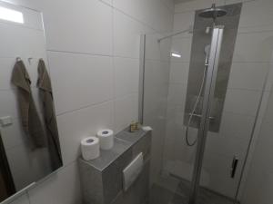 拉夏贝尔德邦达精灵山酒店的带淋浴的浴室和两卷卫生纸