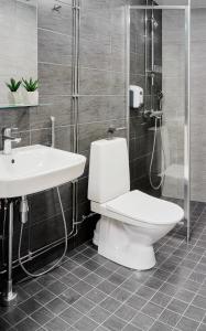 赫尔辛基Inn Tourist Hostel的浴室配有卫生间、盥洗盆和淋浴。