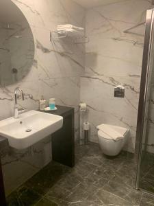 拿撒勒塔巴酒店的一间带水槽、卫生间和镜子的浴室