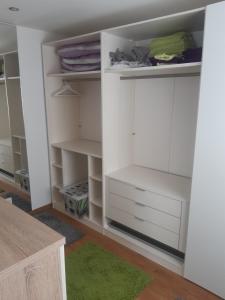 NeuweilerHochwertige und moderne Ferienwohnung Huber的衣柜配有白色橱柜和绿色地毯