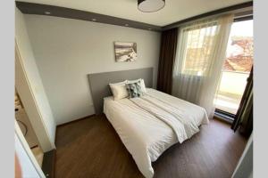 布拉戈耶夫格勒LUX 1BD/1BA City Center Apartment的一间卧室配有一张带白色床单的床和一扇窗户。