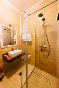 皮亚特拉-尼亚姆茨Agropensiunea Ozon的带淋浴和盥洗盆的浴室