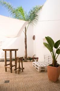 圣伊西多罗Baia Di Torre Squillace的庭院设有两张野餐桌和一棵棕榈树