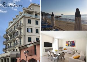 阿拉西奥Casa Vacanze Residence Ideale Suites and Apartments的海滩上的建筑,配有桌椅