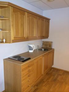 VormsundVormsund Golf Hotell的一个带木制橱柜和水槽的厨房