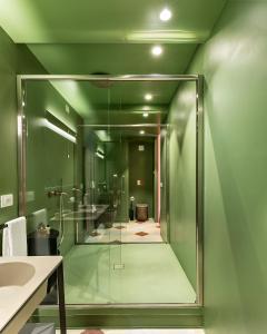 普蒂尼亚诺Dimora Clementina的一间带玻璃淋浴和水槽的浴室