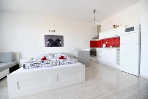 皮耶什佳尼Apartmán Centroom的白色客房 - 带床和厨房