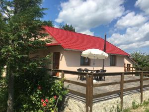 VăratecCABANA CU MESTECENI Varatec的一座带红色屋顶和遮阳伞的小房子