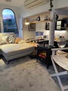 古尔瓦Swamp Fox luxury 2BR Dutch Barge的带沙发和壁炉的客厅