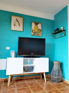 拉卡莱塔Nautilus I: Casa con terraza y vistas al mar的一间客厅,客厅的蓝色墙壁上配有电视