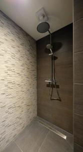 埃因霍温Luxury 60m2 Apartment with 20m2 Private Terrace的客房设有带木墙的淋浴间。