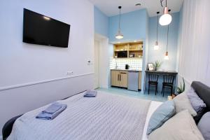 布达佩斯Gellerico Apartments Deák Square的卧室配有一张床,墙上配有电视。