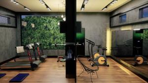 阿拉瓜伊纳Brii Hotel的一间设有健身房的客房,设有绿色的墙壁