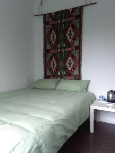 苏州苏州蓝色大门青年旅舍的卧室配有一张床铺,墙上挂着红色毯子