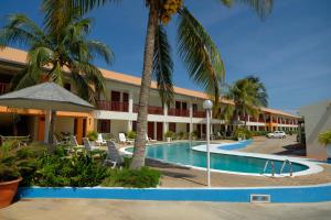 棕榈滩Aruba Quality Apartments & Suites的一个带游泳池和棕榈树的度假村