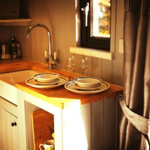 兰德林多德威尔斯pen-rhos luxury glamping "The Hare Hut"的一个带两个盘子和水槽的厨房台面