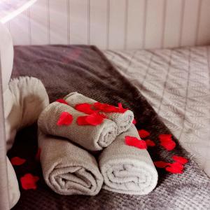 兰德林多德威尔斯pen-rhos luxury glamping "The Hare Hut"的床上的红心折叠毛巾