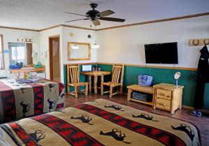 帕戈萨斯普林斯希尔林沃特斯水疗度假酒店的一间卧室设有两张床和一张桌子及电视