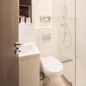 布达佩斯猎户座城堡花园酒店的白色的浴室设有卫生间和淋浴。