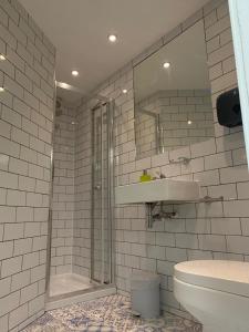伦敦圣亚詹斯酒店的带淋浴、盥洗盆和卫生间的浴室