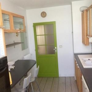 波尔多Burdigala Homes - Appart Sainte Catherine的带水槽的厨房内的绿色门
