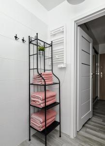 詹塔尔Apartament Twoja Przystań的浴室内毛巾架和粉红色毛巾