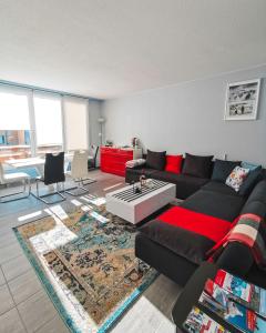 安德马特Solarberg Apartment的客厅配有黑色沙发和地毯。