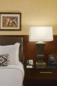 丹佛丹佛国际机场皇冠假日酒店的一间卧室配有一张床、一盏灯和一部电话