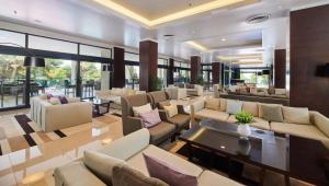 波雷奇帕林提姆蓝色泻湖酒店的带沙发和桌子的客厅以及窗户。