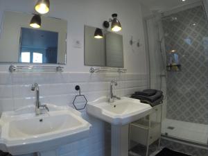 阿卡雄VILLA LES OMBREES的一间带两个盥洗盆和淋浴的浴室