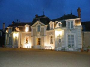卢瓦尔河畔米德高力城堡酒店的一间白色的大房子,晚上有灯