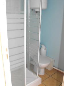 保拉扎克Chambres chez l'habitant Coco2的一间带卫生间和玻璃淋浴间的浴室