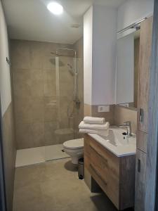 塔里法LA TRAMONTANA DEL SUR的带淋浴、卫生间和盥洗盆的浴室