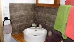 GovenLe Clos De La Roche的一间带水槽和绿色毛巾的浴室