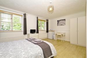 伦敦Harlinger Lodge Annexe的一间卧室配有一张床、一张桌子和一把椅子