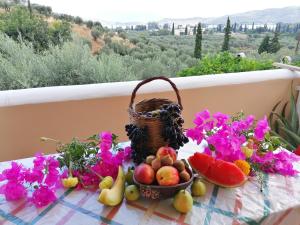 加拉塔斯Trizinia View Garden的一张桌子,上面放着一篮水果和鲜花