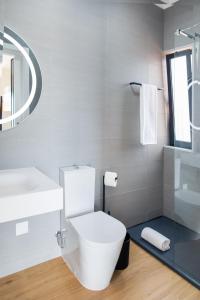 普拉亚达维多利亚Hostel da Palmeira的一间带卫生间、水槽和镜子的浴室
