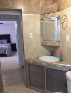 奇瓦瓦Agradable* y Cómodo Departamento Familiar (WiFi)的一间带水槽和镜子的浴室以及一张床