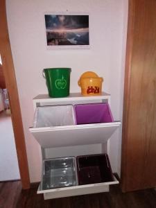 巴德哥依斯恩Ferienwohnung am Bauernhof Koa的冰箱,有三个架子,有不同的颜色容器