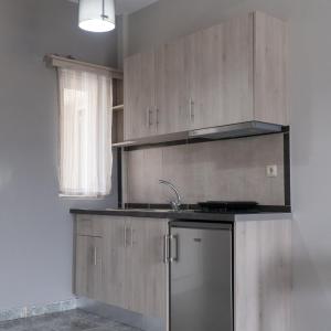 阿尔戈斯托利翁Nikoleta's Studios的一个带木制橱柜和水槽的厨房