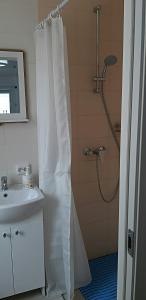 罗基什基斯Butas Vytauto 7-4的一间带白色淋浴帘的浴室