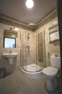 斯拉百斯Hotel Cargo的带淋浴、卫生间和盥洗盆的浴室