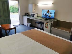 巴拉腊特巴拉瑞特尤里卡汽车旅馆的酒店客房配有一张床和一张书桌及一台电视