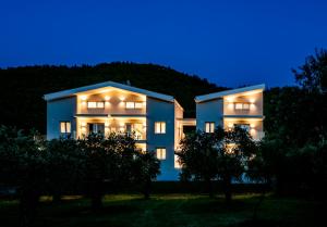 斯卡拉拉乔伊Harmony Thassos suites & Apartments的夜晚有灯的蓝色房子