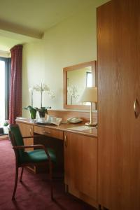 波兹南格罗兹基酒店的酒店客房配有带镜子和椅子的书桌