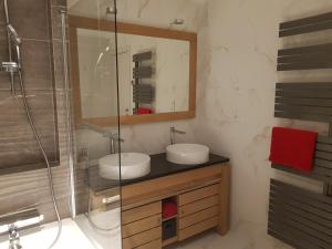 圣吉勒达德吕伊Maison sur la Presqu'Ile de Rhuys的一间带两个盥洗盆和淋浴的浴室