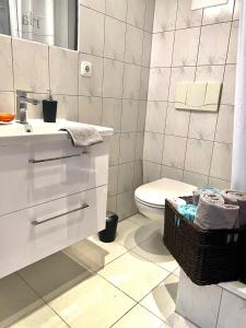 亚琛Chez Coco Apartment 2 Aachen的白色的浴室设有水槽和卫生间。